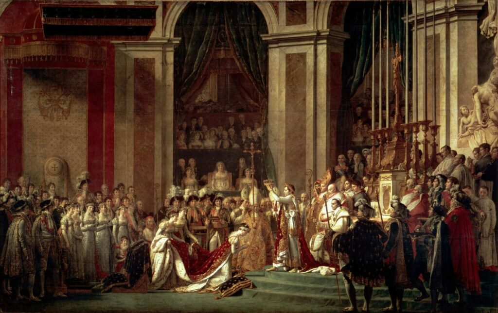 La consagració de Napoleó (David, 1807). Es corona ell mateix davant del Papa Pius VII.