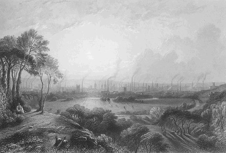 Manchester industrial al segle XIX, coneguda com a «Cottonopolis» per ser la capital mundial de la producció de cotó. La ciutat fumejant reflecteix tant la potència del vapor com la degradació ambiental i l'amuntegament obrer.