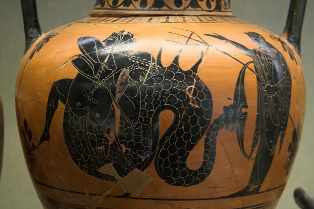 Ceràmica grega de figures negres amb escena d'Hèracles. Els vasos transmetien mites i vida quotidiana.