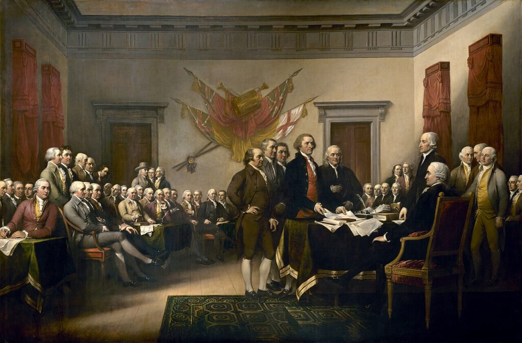 La Declaració d'Independència (Trumbull, 1819). Els representants de les tretze colònies aproven el text de Jefferson, 4 de juliol de 1776.