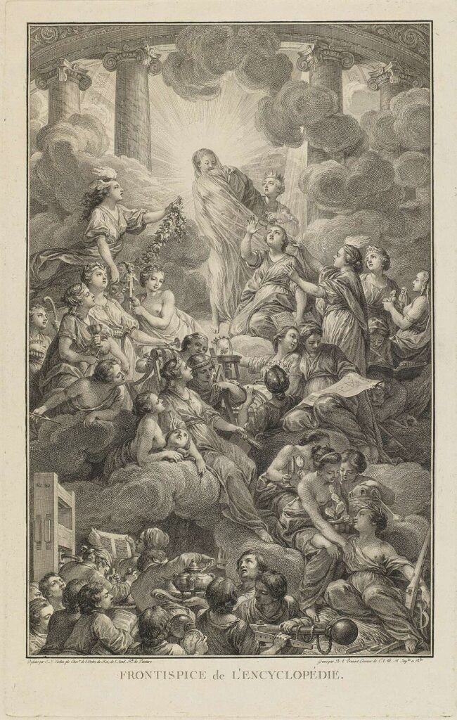 Frontispici de l'Encyclopédie (Diderot i d'Alembert, 1751-1772). 28 volums elaborats al llarg de 21 anys.