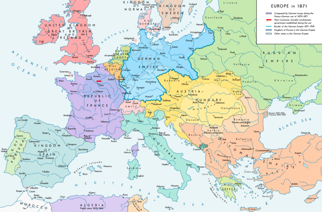 Europa el 1871, després de la unificació italiana i alemanya. El nou Imperi Alemany lidera el continent i Itàlia esdevé un estat unificat per primera vegada des de l'antiga Roma.