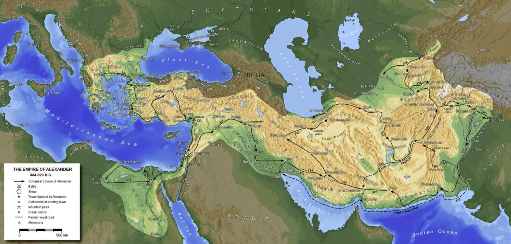 L'imperi d'Alexandre el Magne al voltant del 323 aC. En 13 anys, del 336 al 323 aC, va conquerir des de Grècia fins a l'Índia — Egipte, Pèrsia, Mesopotàmia i part de l'Àsia central. La seva mort el 323 aC va obrir l'època hel·lenística.