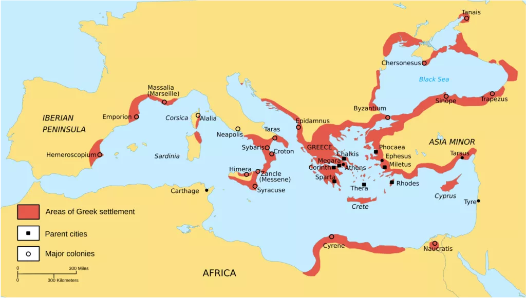 La colonització grega arcaica (segles VIII-VI aC). Des del mar Egeu, els grecs funden colònies pel Mediterrani i el mar Negre — Sicília, sud d'Itàlia (Magna Grècia), la costa africana i, aquí mateix, Empúries (Alt Empordà).