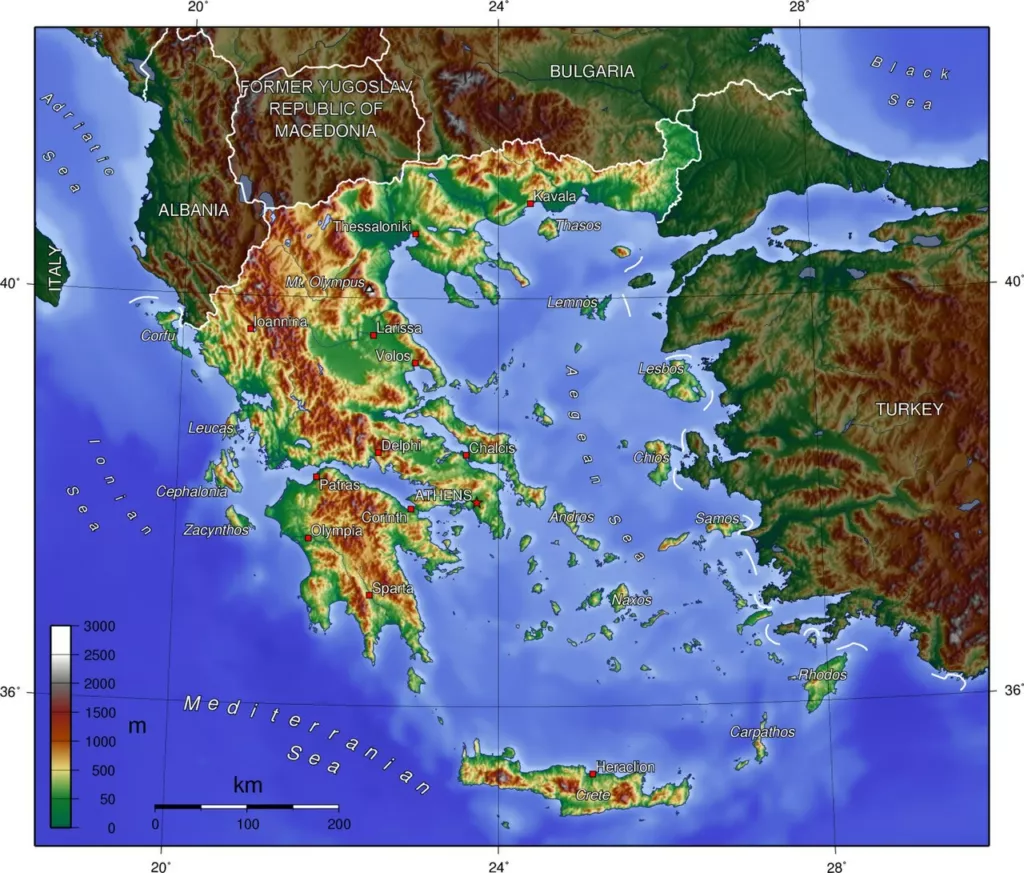 Mapa físic de Grècia. Un territori muntanyós i fragmentat per la mar va afavorir la formació de pòlis independents.
