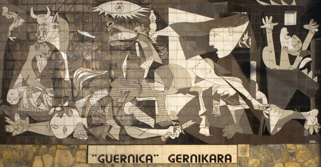 Mural del Guernica (Picasso, 1937). Resposta artística al bombardeig nazi de Gernika el 26 d'abril de 1937.
