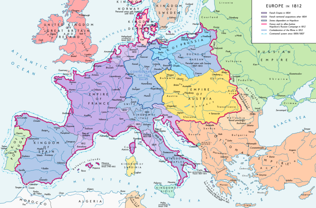 L'Imperi Napoleònic el 1812, just abans de la campanya russa. Napoleó va estendre la igualtat davant la llei i el Codi civil per gairebé tota Europa.