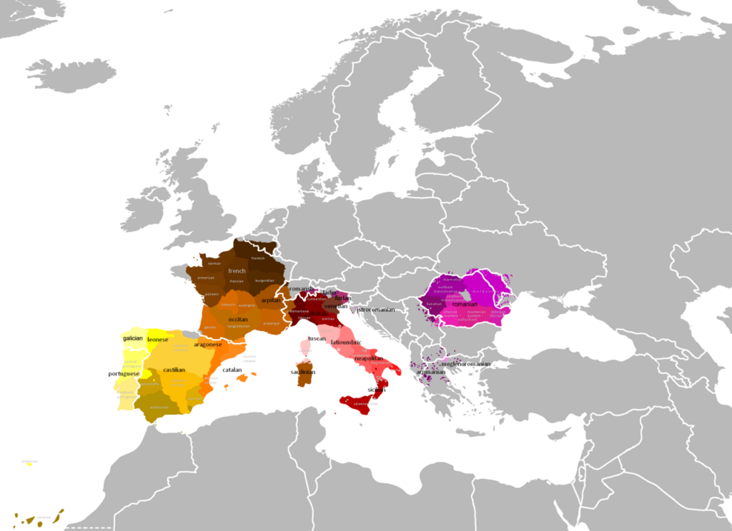 Distribució de les llengües romàniques: català, castellà, francès, italià, portuguès i romanès. Tot el sud d'Europa parla descendents directes del llatí.