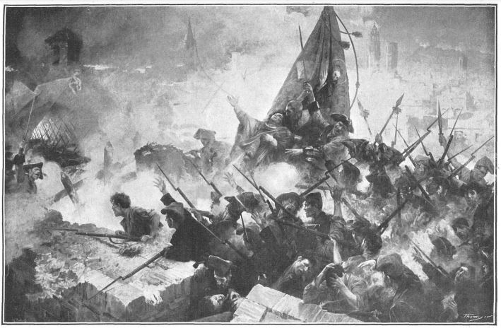 L'Onze de Setembre de 1714 (Antoni Estruch, 1909). Rafael Casanova, ferit, defensa la bandera de Santa Eulàlia durant l'assalt final a Barcelona.