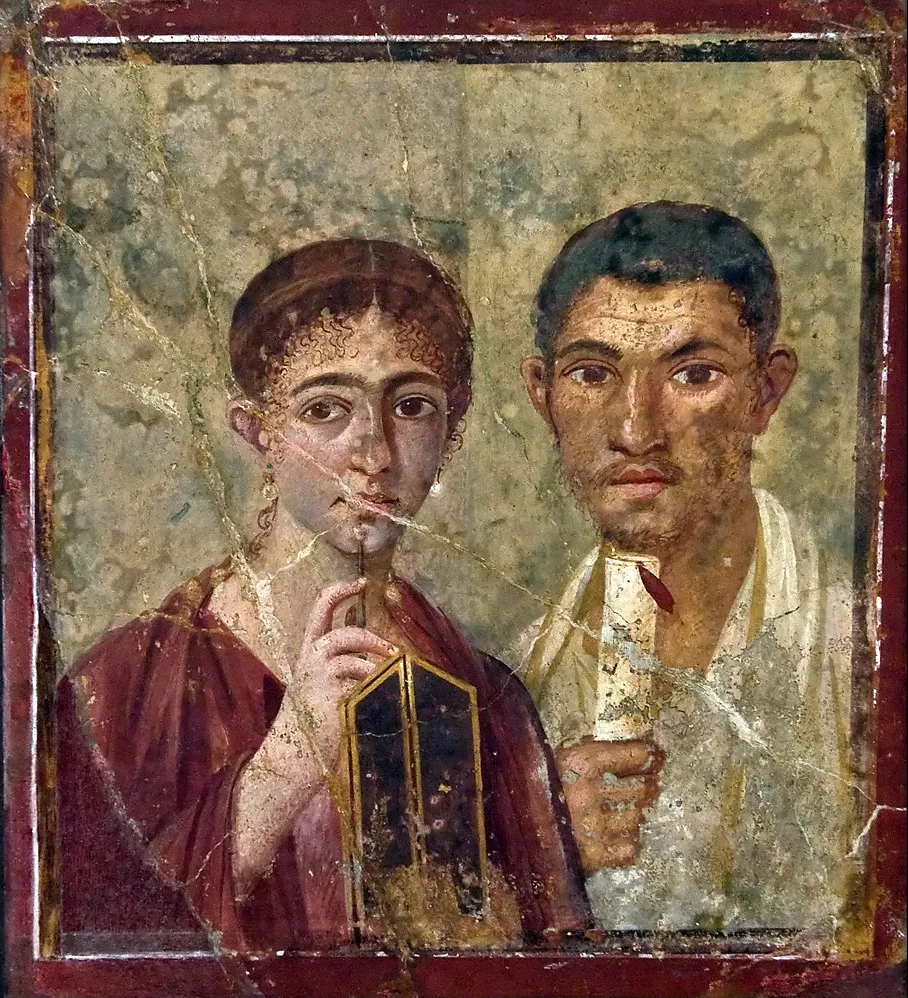 Fresco de Pompeia (segle I dC) amb un jove matrimoni. Ella porta una tauleta de cera i un stilus; ell, un rotlle de papir. La imatge canònica de la vida quotidiana d'una família burgesa romana, sepultada per l'erupció del Vesuvi el 79 dC.
