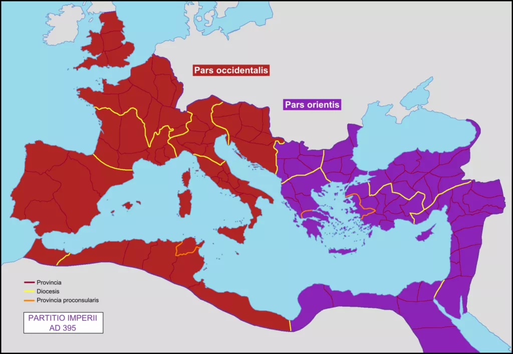 La partició de l'Imperi Romà el 395 dC, a la mort de Teodosi. L'imperi es divideix en dos administrativament — Imperi Romà d'Occident (capital Roma) i Imperi Romà d'Orient (capital Constantinoble). L'Occident caurà el 476 dC; l'Orient sobreviurà mil anys més com a Imperi Bizantí.