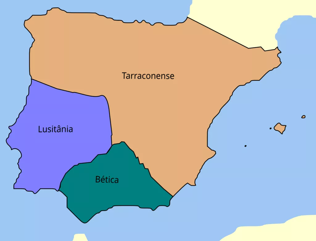 Les províncies de la Hispània Romana sota August. Catalunya forma part de la Hispania Tarraconensis, amb capital a Tàrraco (Tarragona). La Via Augusta creua el país connectant les grans ciutats romanes.