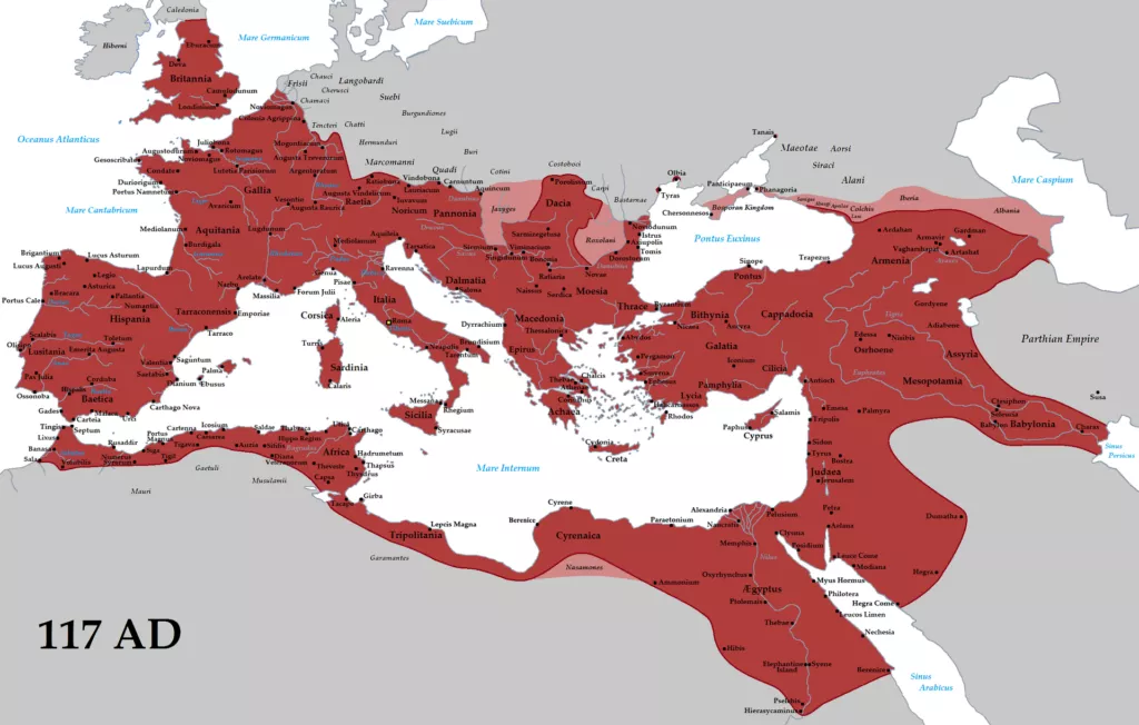 L'Imperi Romà a la seva màxima extensió (117 dC, sota l'emperador Trajà). De Britània al golf Pèrsic, de Germània al Sàhara — un espai de comerç, dret i llengua comuna que va durar segles.