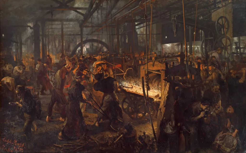 «El laminador d'acer» (Eisenwalzwerk) d'Adolph Menzel (1875). Aquesta gran pintura reflecteix de manera dramàtica les dures condicions de treball i l'activitat frenètica de la siderúrgia durant la Segona Revolució Industrial a Alemanya.