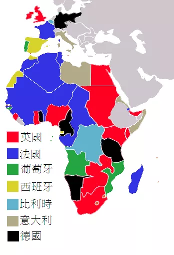 Mapa de la colonització i el repartiment d'Àfrica el 1914, mostrant la divisió del territori entre els grans imperis europeus (britànic, francès, alemany, belga, portuguès, italià i espanyol) després de la Conferència de Berlín.
