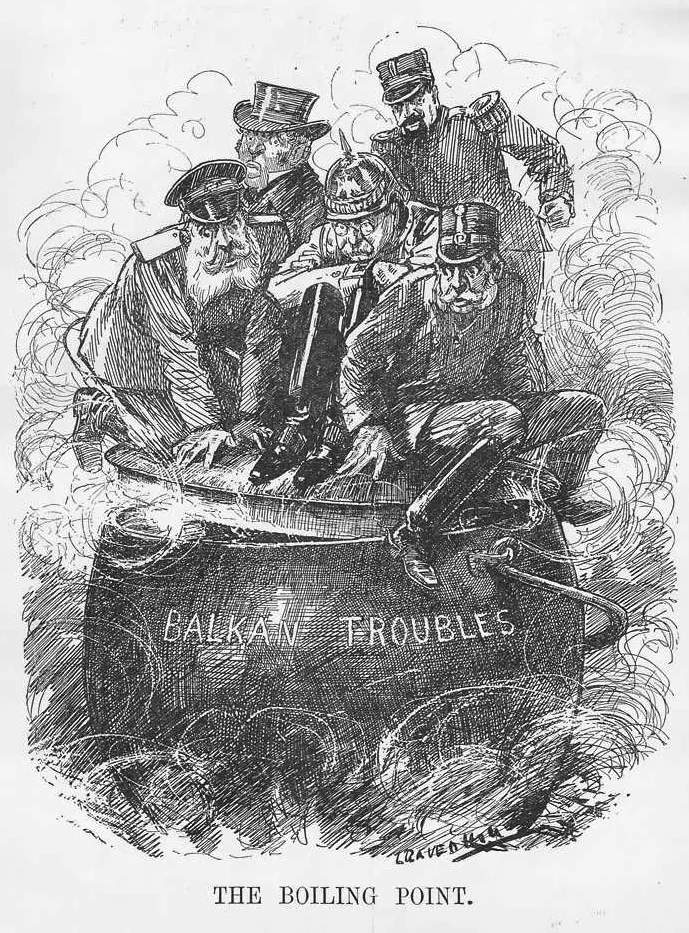«The Boiling Point» (El punt d'ebullició), caricatura de Punch (1912) que reflecteix la situació geopolítica explosiva als Balcans, on les grans potències miren de mantenir la tapa sobre el polvorí balcànic abans que exploti.
