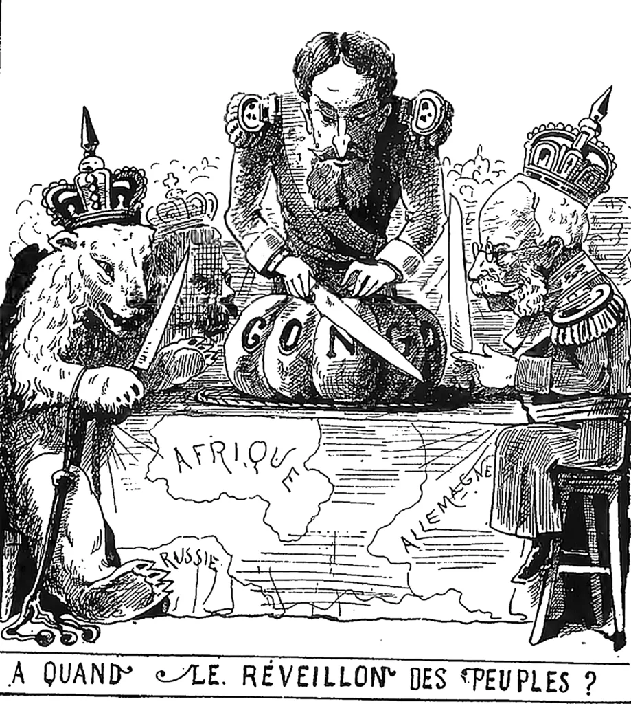 Caricatura francesa (1884) que representa el rei belga Leopold II i altres líders de les potències europees asseguts al voltant del pastís d'Àfrica a la Conferència de Berlín (1884-1885), repartint-se de manera arbitrària el continent.