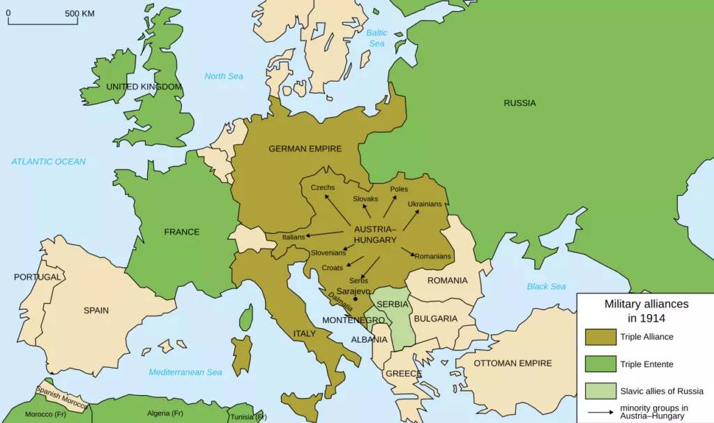 Mapa de les aliances de la Primera Guerra Mundial el 1914. S'hi detalla la Triple Entesa (Regne Unit, França i Rússia) i els seus aliats en verd, i les Potències Centrals o Triple Aliança (Alemanya i Àustria-Hongria) en taronja.