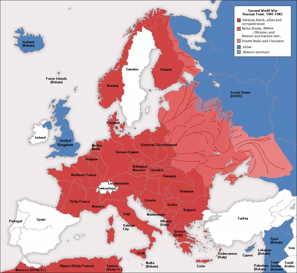 Mapa de la Segona Guerra Mundial a Europa (1941-1942) en el moment de màxima expansió de l'Eix, abans del gir de Stalingrad. S'hi detallen els països de l'Eix i els seus aliats o territoris sota control.