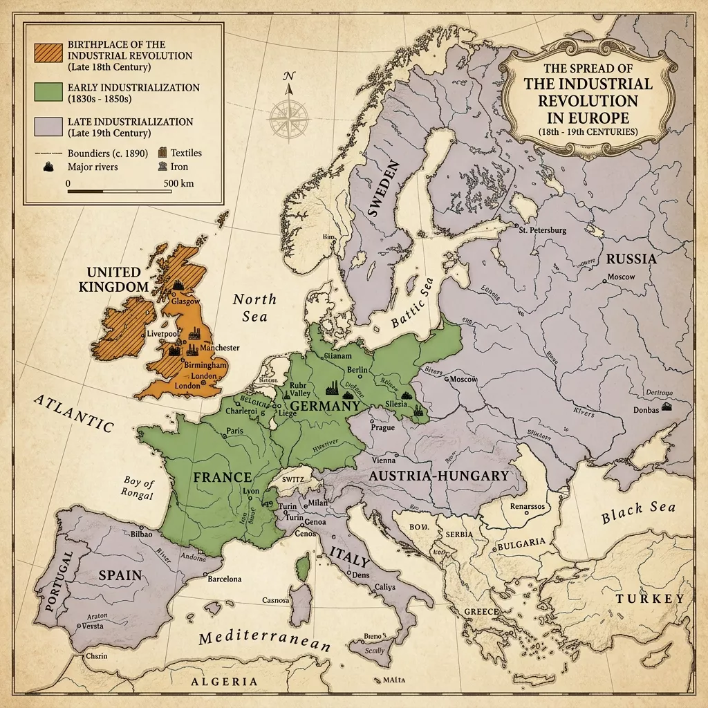Mapa històric interactiu en anglès que mostra la difusió i expansió de la Revolució Industrial a Europa al llarg del segle XIX (nucli original de la Gran Bretanya, zones de difusió primerenca i industrialització tardana).