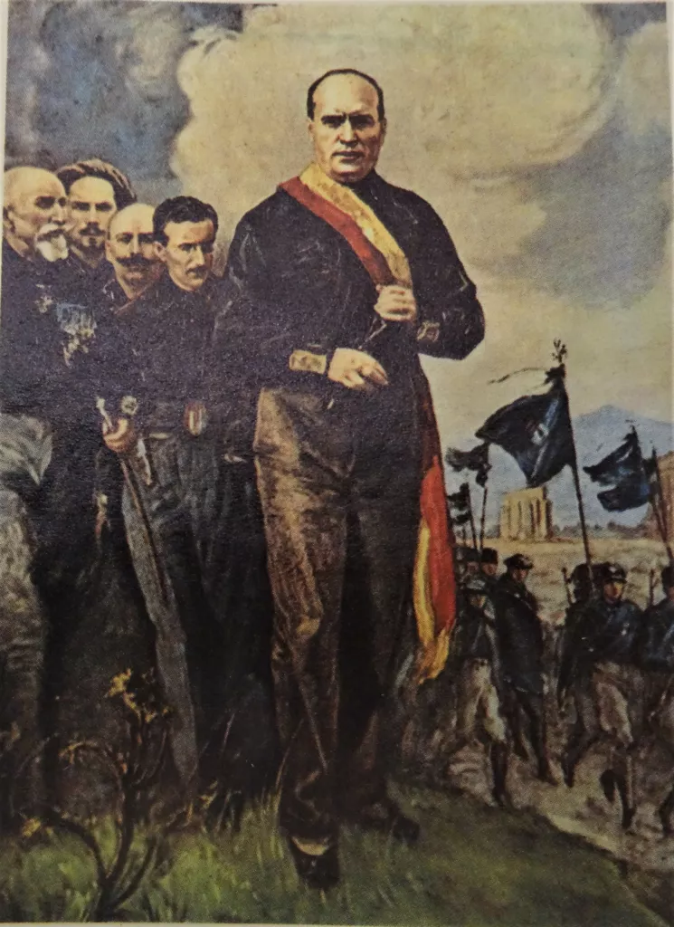 Benito Mussolini amb els quadrumvirs feixistes (Italo Balbo, Michele Bianchi, Emilio De Bono i Cesare Maria De Vecchi) durant la Marxa sobre Roma l'octubre de 1922, l'esdeveniment que va forçar el seu accés al poder.