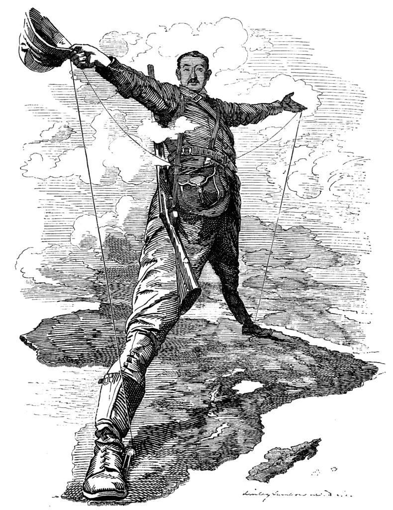 «El Colós de Rodes» (The Rhodes Colossus), famosa caricatura de Punch (1892) que representa Cecil Rhodes estenent les seves cames sobre tot el continent africà, simbolitzant les ambicions de l'Imperi Britànic d'unir el Caire amb el Cap.