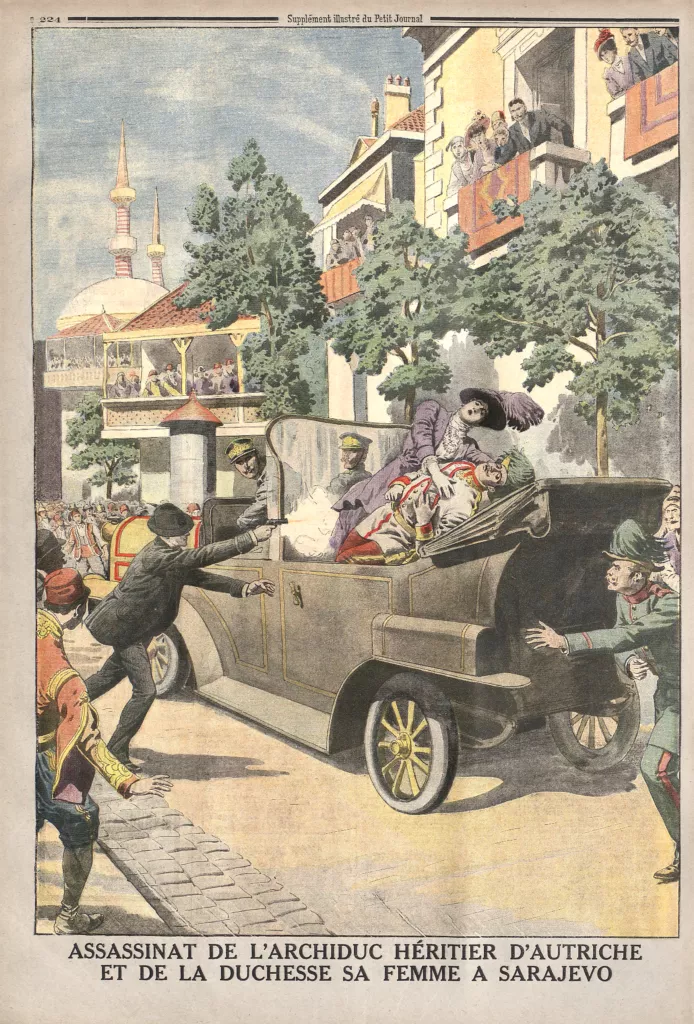 Il·lustració de portada de Le Petit Journal (juliol de 1914) que representa l'atemptat de Sarajevo, on el nacionalista serbi Gavrilo Princip assassina l'arxiduc Francesc Ferran i la seva esposa Sofia, l'espurna que va desencadenar la guerra.