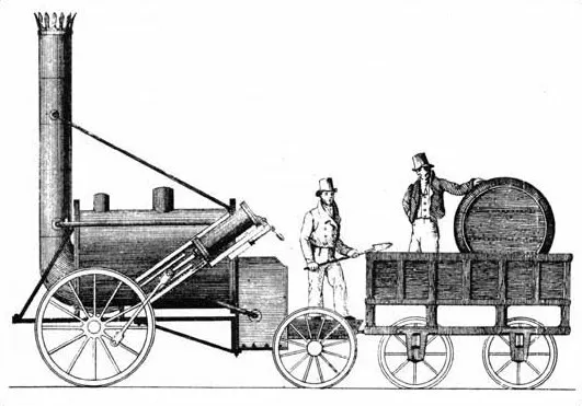 La locomotora «Rocket» de George i Robert Stephenson (1829), guanyadora de les proves de Rainhill. Aquesta tecnologia va iniciar l'era del transport ferroviari de passatgers i mercaderies.