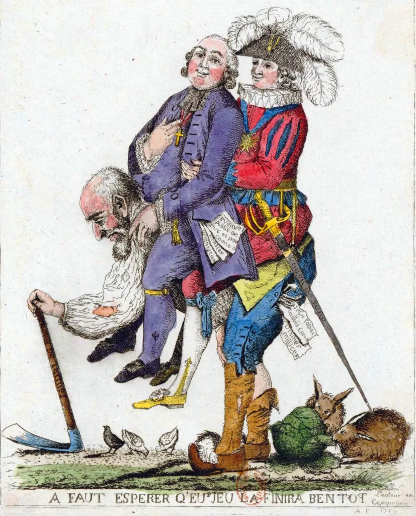 «À faut espérer q'eus jeu là finira ben tôt» — el pagès porta el noble i el clergue a l'esquena. Caricatura anònima de 1789 que resumeix la injustícia estamental de l'Antic Règim.