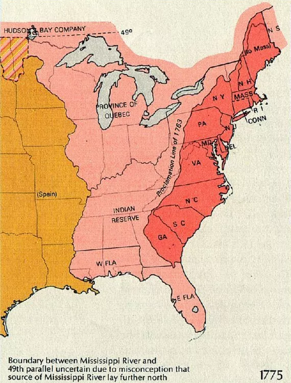Les Tretze Colònies britàniques d'Amèrica del Nord el 1775, poc abans de la declaració d'independència. A l'oest, els territoris interiors reservats a França i als pobles indígenes.