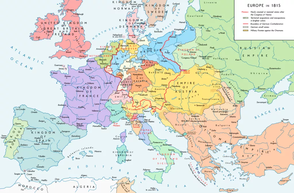 Europa el 1815, tal com queda dibuixada pel Congrés de Viena. Cinc grans potències (Àustria, Rússia, Prússia, Regne Unit i la França restaurada) reparteixen el continent ignorant les nacions.