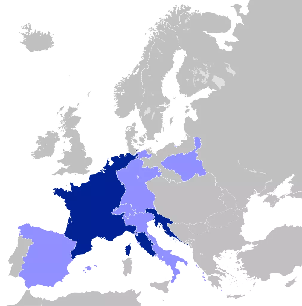 L'Imperi francès el 1812, al seu màxim apogeu. En blau, el territori francès; en verd i groc, els estats vassalls i aliats. Napoleó controla gairebé tot el continent excepte el Regne Unit i Rússia.