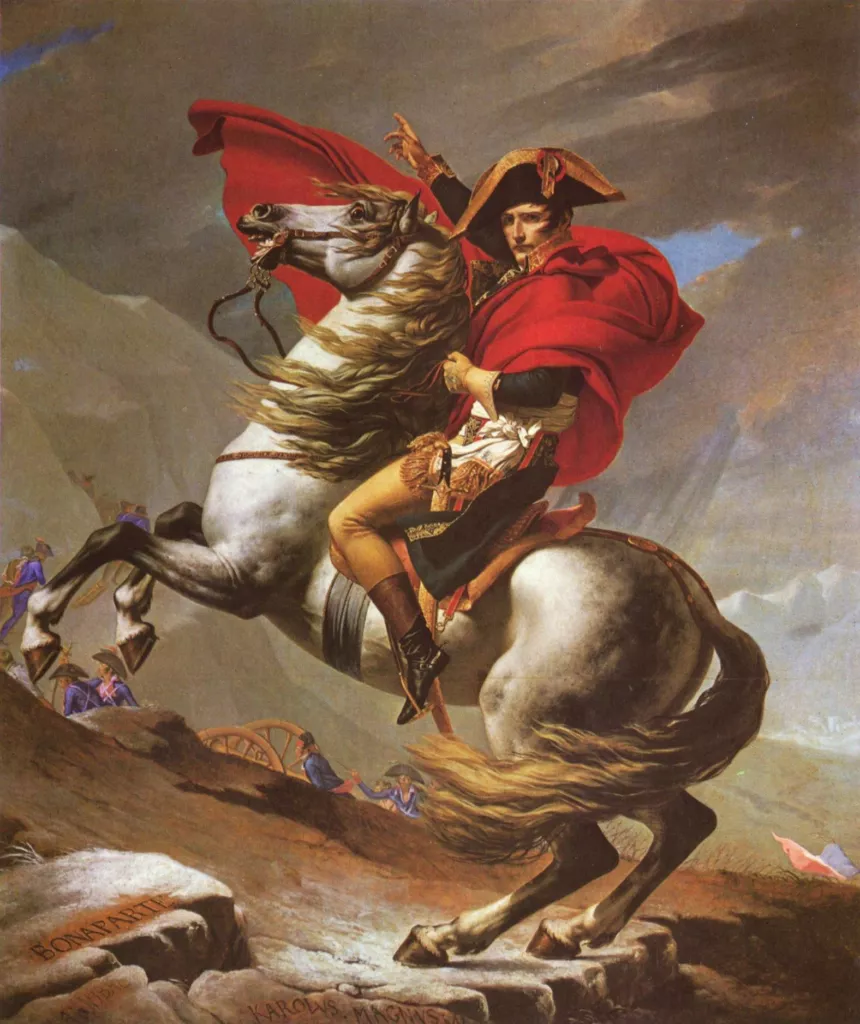 «Napoleó travessant els Alps» (1801) de Jacques-Louis David. Retrat propagandístic al pas del Gran Sant Bernat, poc abans de la victòria de Marengo.