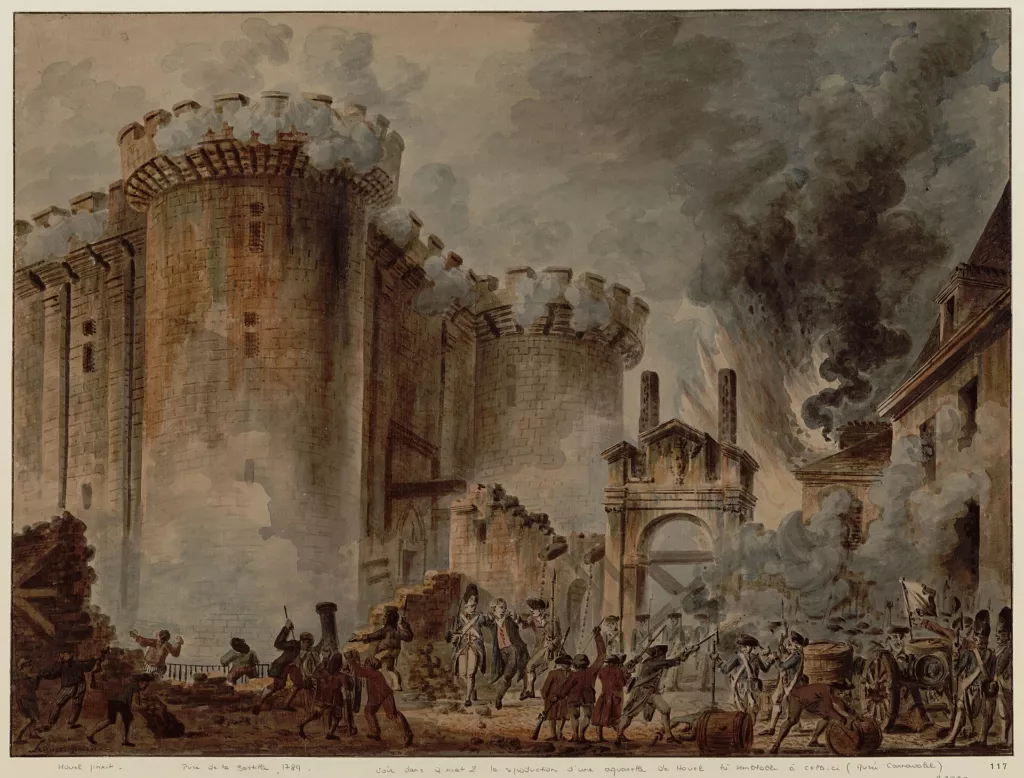 «Prise de la Bastille» (1789) de Jean-Pierre Houël. L'assalt de la fortalesa símbol de l'arbitrarietat reial el 14 de juliol de 1789.